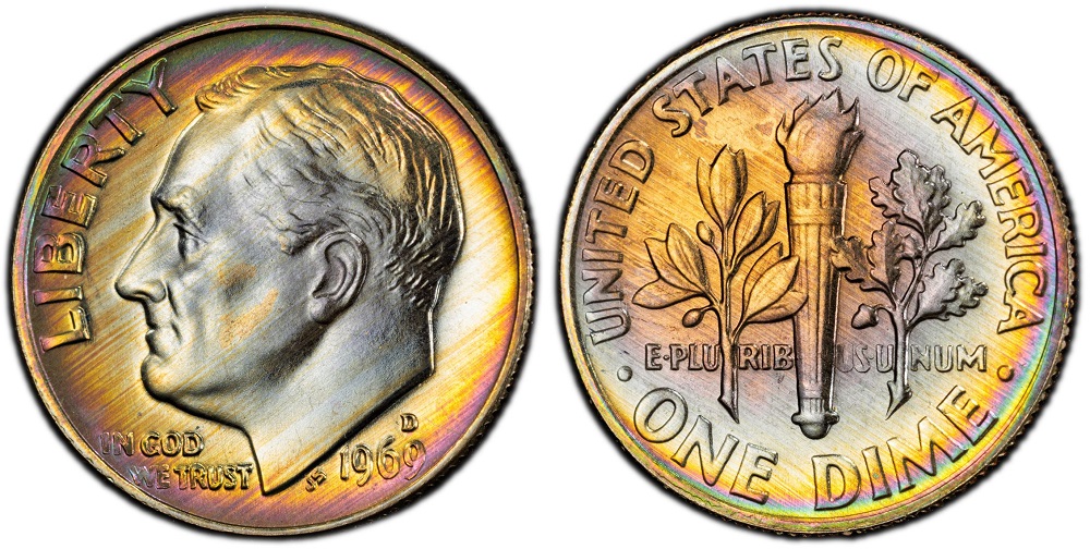 1969 Roosevelt dime obverse and reverse showing mint luster and clad composition