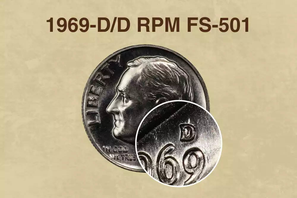 1969-D dime repunched mint mark RPM FS-501 close-up showing doubled D mint mark above date