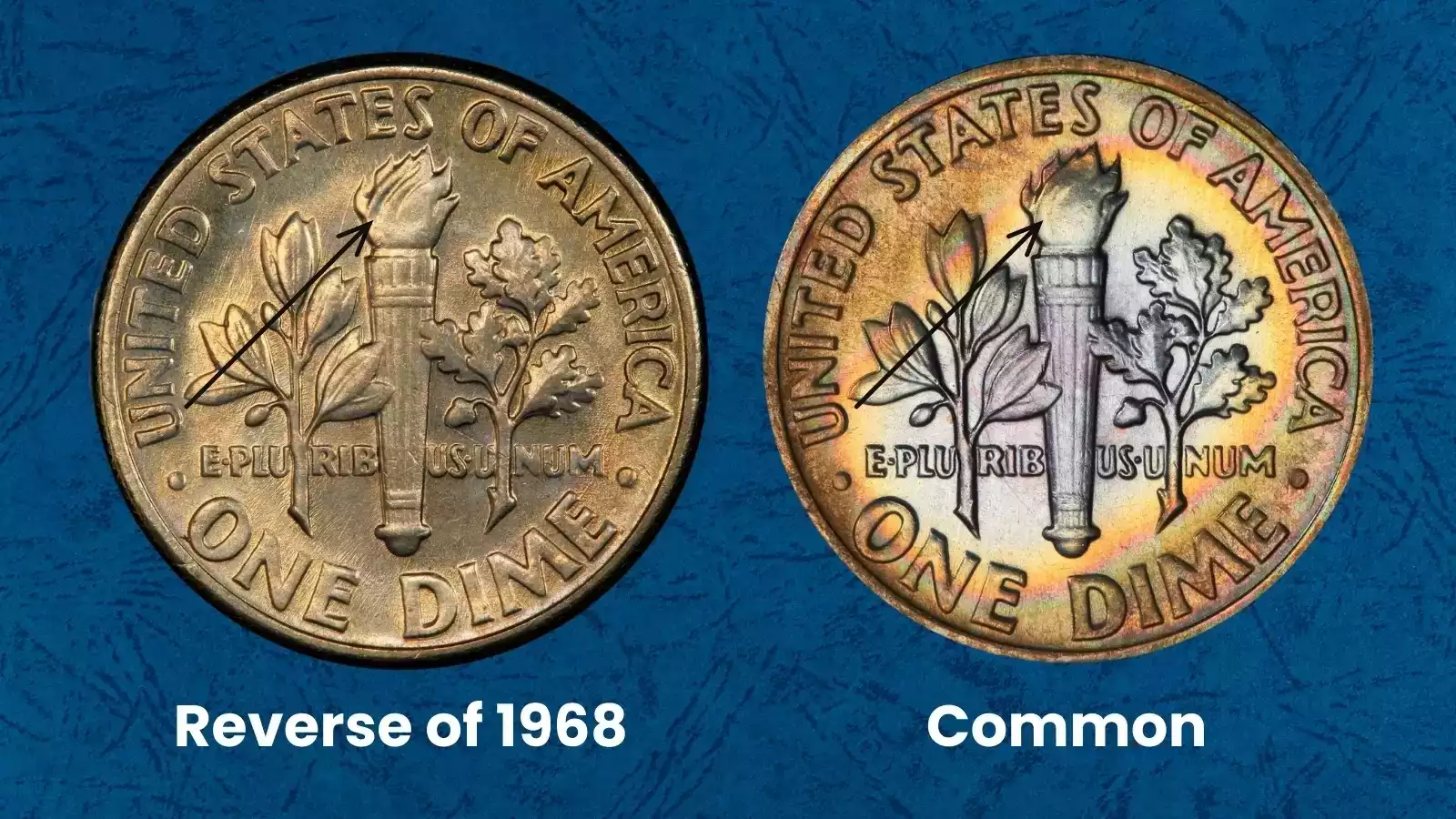 Comparison of 1969 standard reverse versus 1969 Reverse of 1968 FS-901 showing stronger torch flame groove detail