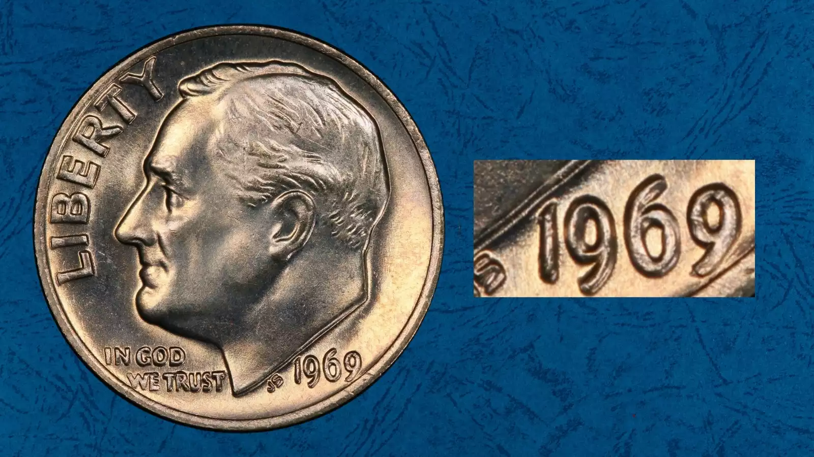 1969 Roosevelt dime doubled die obverse DDO error showing doubling on LIBERTY inscription and date