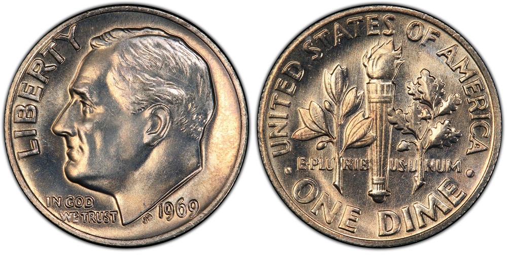 1969 Roosevelt dime grading strip showing four condition tiers from worn to gem uncirculated